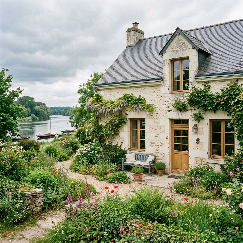 Charming Nantes tuffeau stone house with new wooden PEFC-certified windows, wild garden with native plants, Loire river glimpse in background, soft overcast Breton sky, green ecological vibe